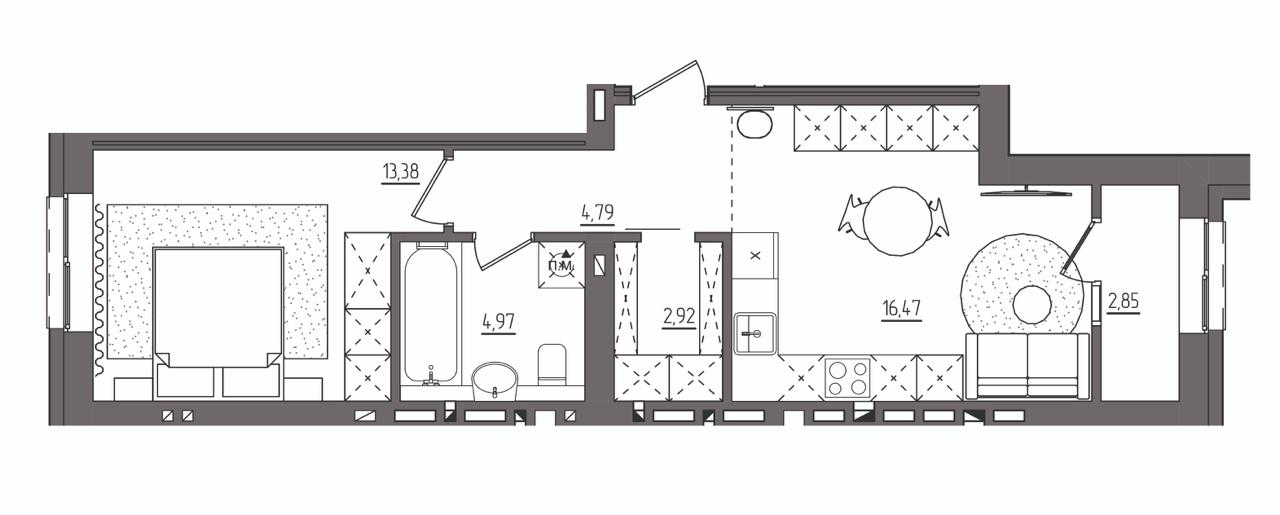 Планування 45 м² На середньому поверсі, з лоджією